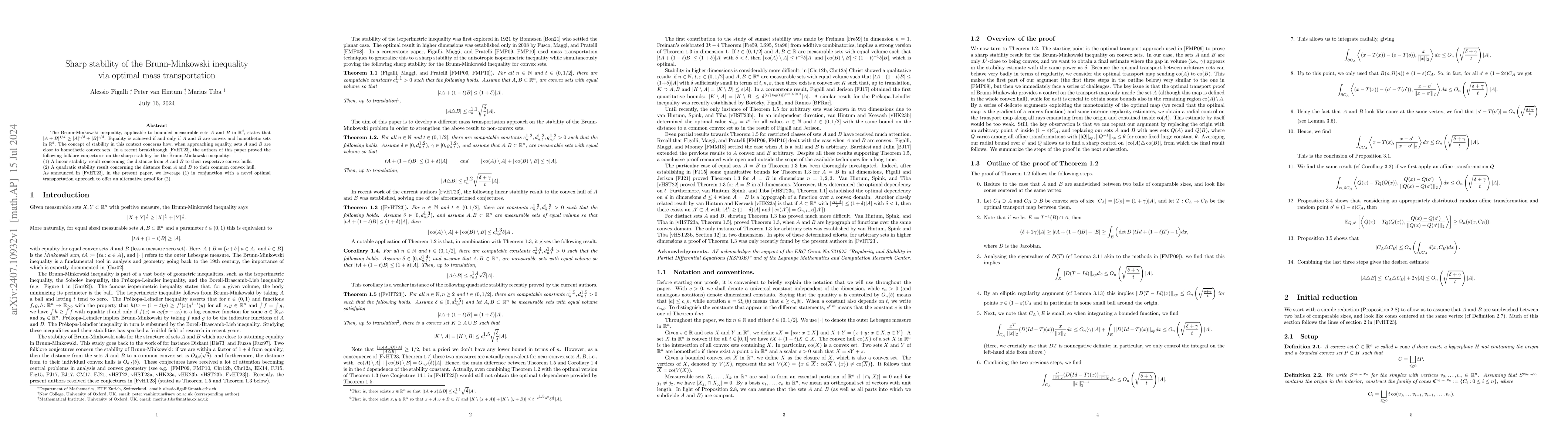 Thumbnail for Sharp stability of the Brunn-Minkowski inequality via optimal mass
  transportation