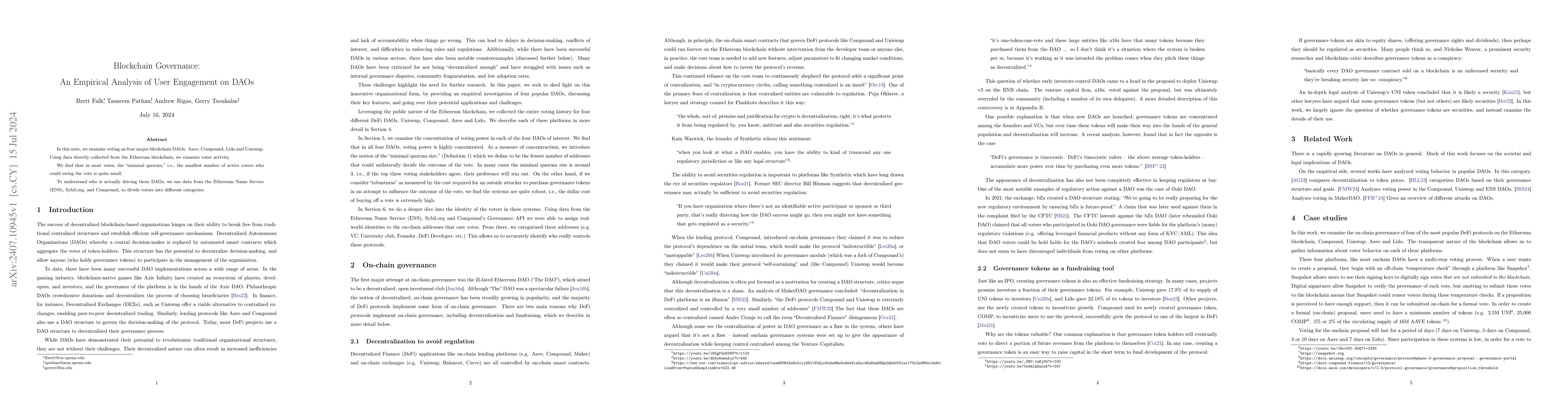 Thumbnail for Blockchain Governance: An Empirical Analysis of User Engagement on DAOs