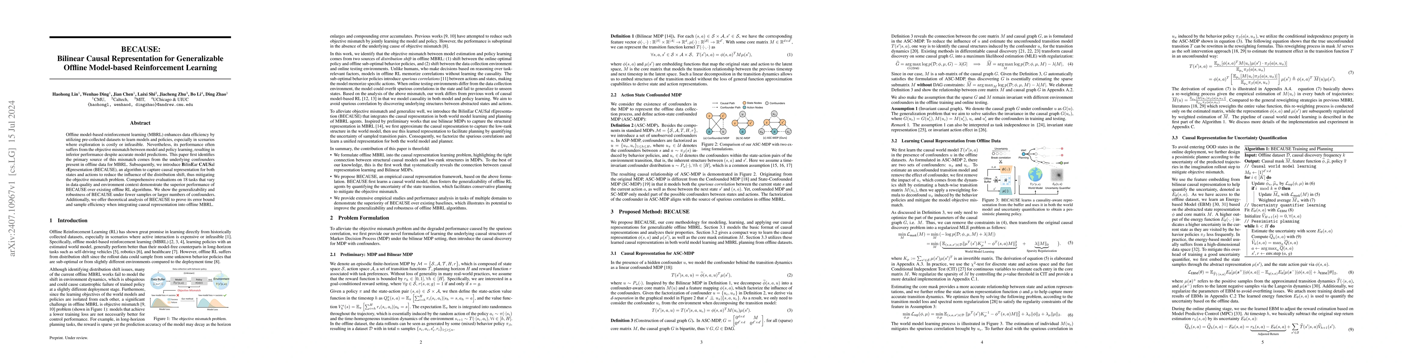 Thumbnail for BECAUSE: Bilinear Causal Representation for Generalizable Offline
  Model-based Reinforcement Learning