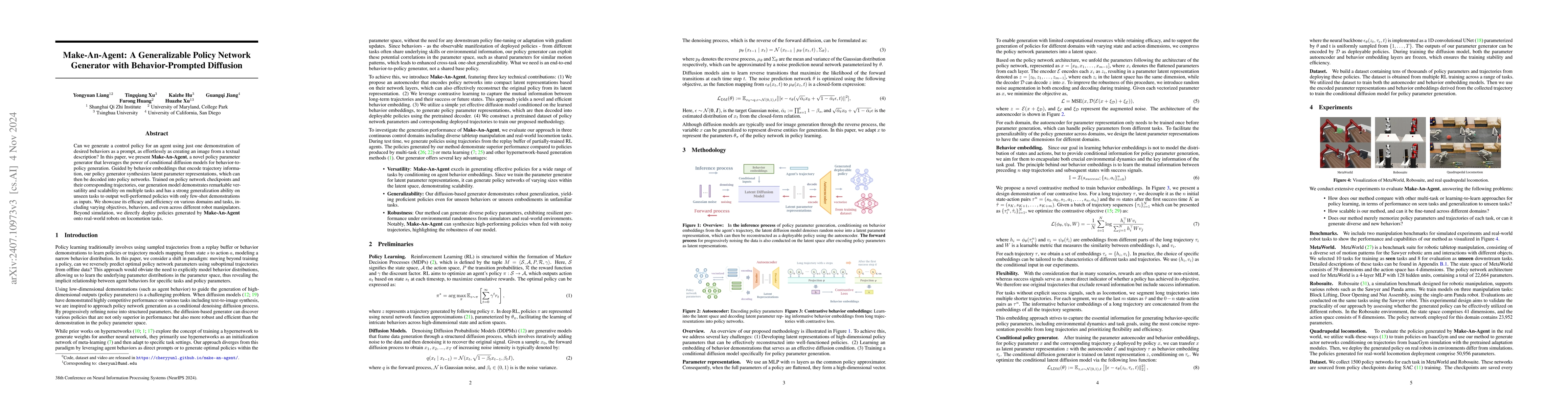Thumbnail for Make-An-Agent: A Generalizable Policy Network Generator with
  Behavior-Prompted Diffusion