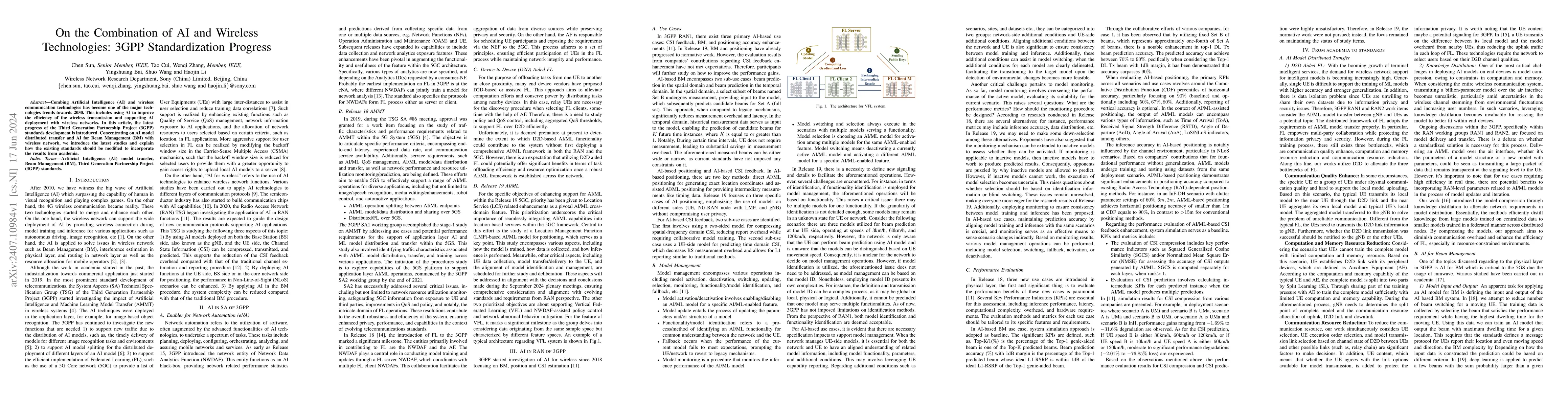 Thumbnail for On the Combination of AI and Wireless Technologies: 3GPP Standardization
  Progress