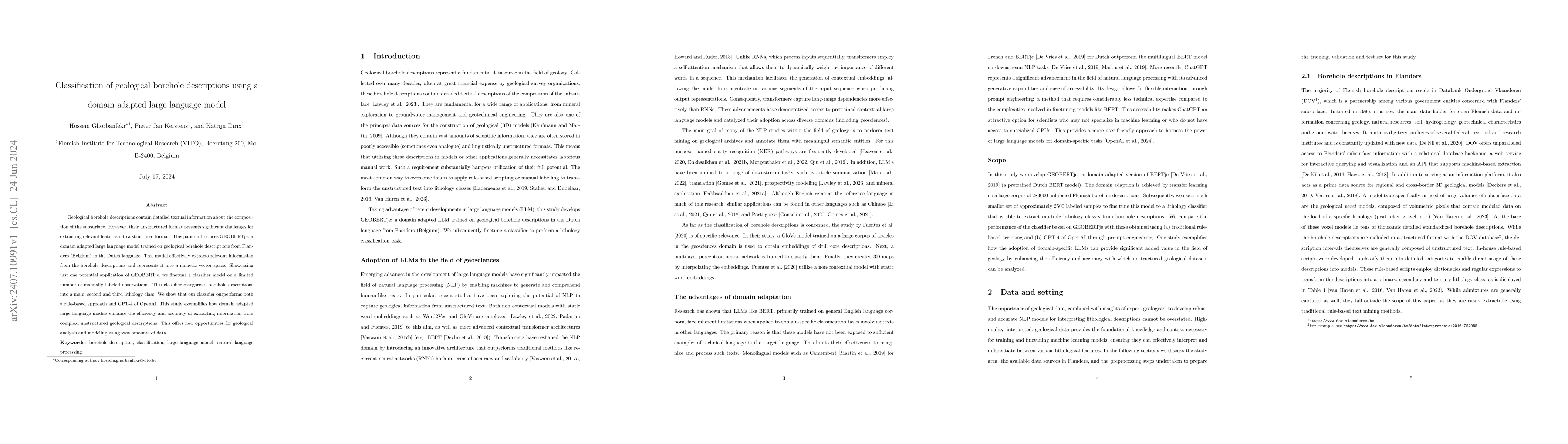 Thumbnail for Classification of Geological Borehole Descriptions Using a Domain
  Adapted Large Language Model