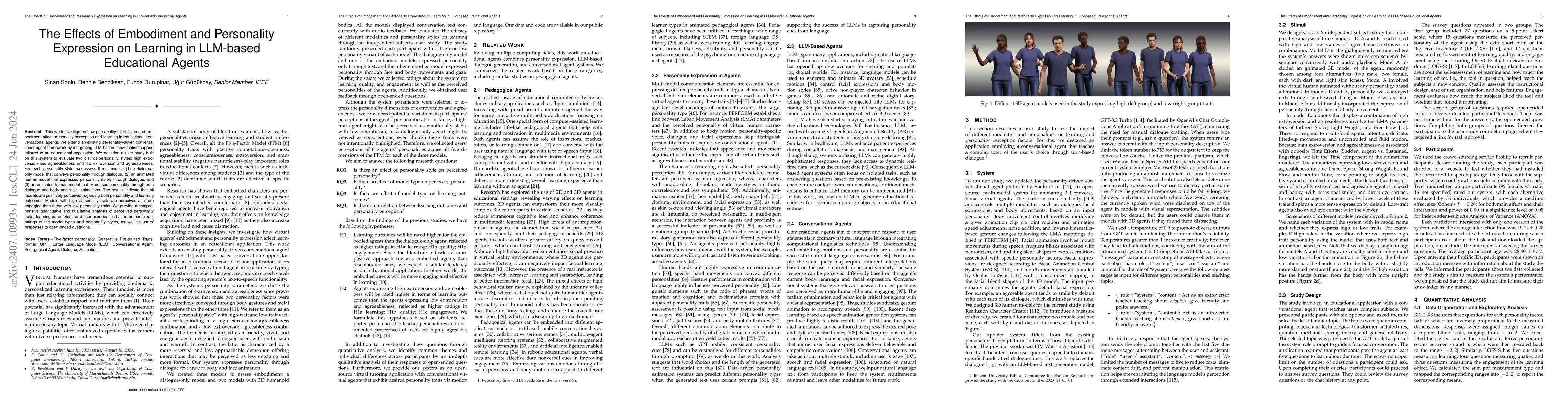 Thumbnail for The Effects of Embodiment and Personality Expression on Learning in
  LLM-based Educational Agents