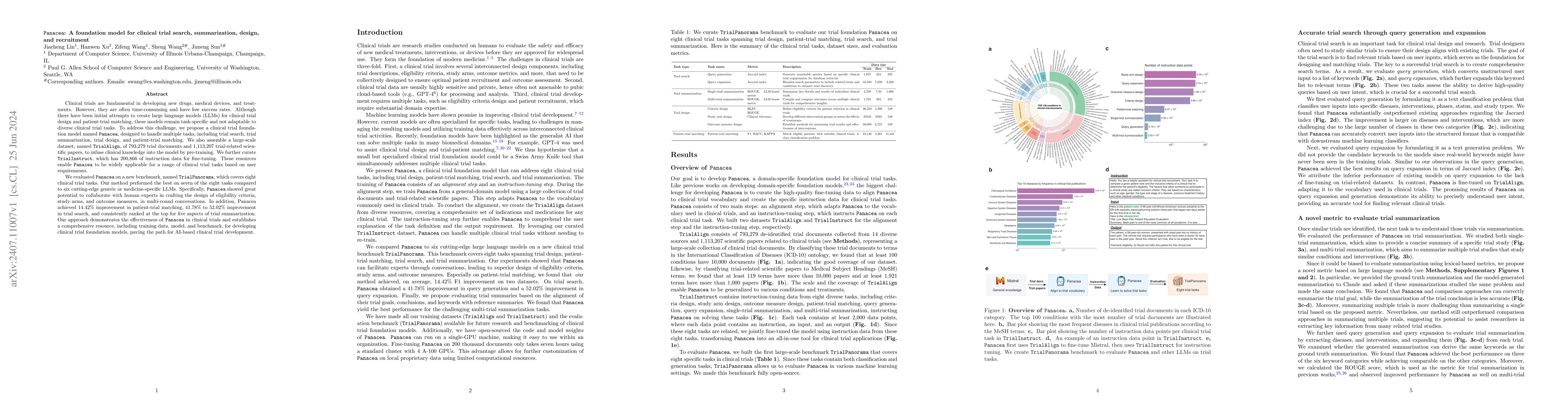 Thumbnail for Panacea: A foundation model for clinical trial search, summarization,
  design, and recruitment