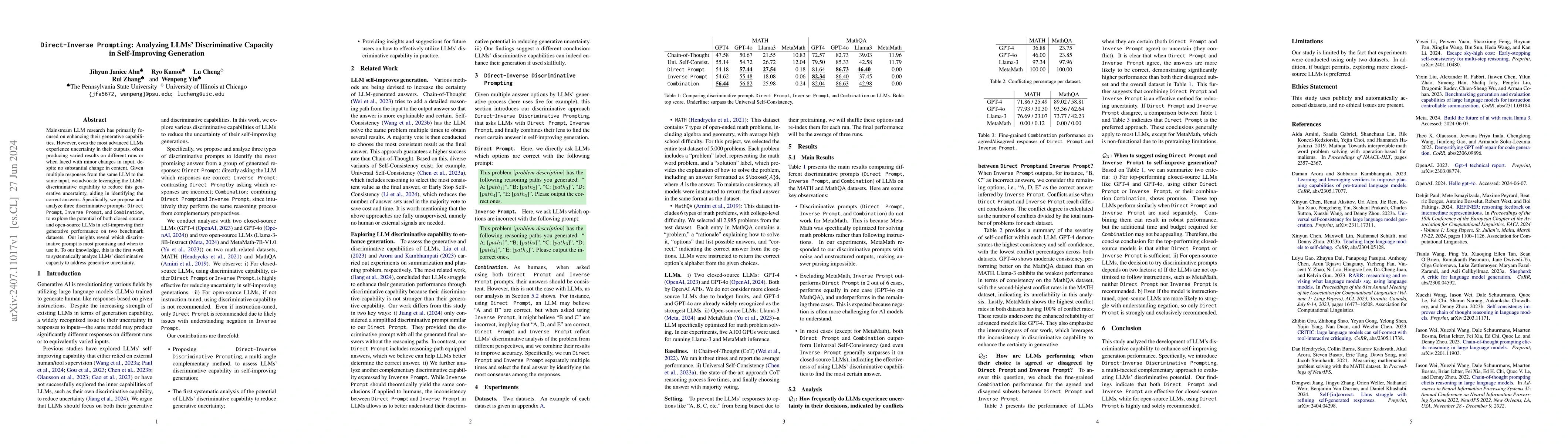 Thumbnail for Direct-Inverse Prompting: Analyzing LLMs' Discriminative Capacity in
  Self-Improving Generation