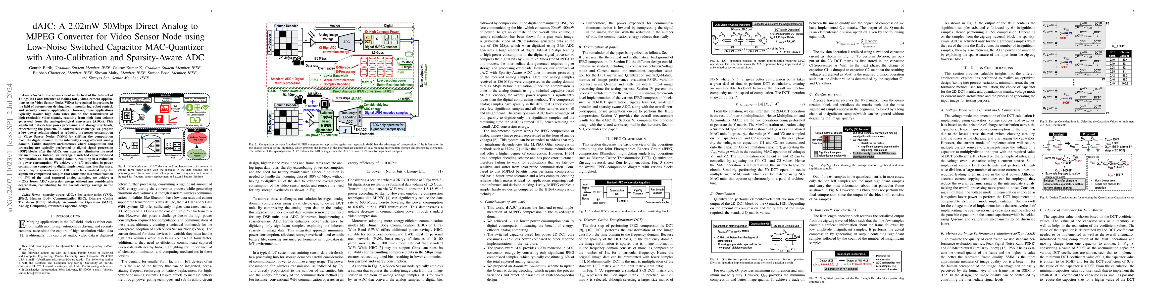 Thumbnail for dAJC: A 2.02mW 50Mbps Direct Analog to MJPEG Converter for Video Sensor
  Node using Low-Noise Switched Capacitor MAC-Quantizer with Auto-Calibration
  and Sparsity-Aware ADC