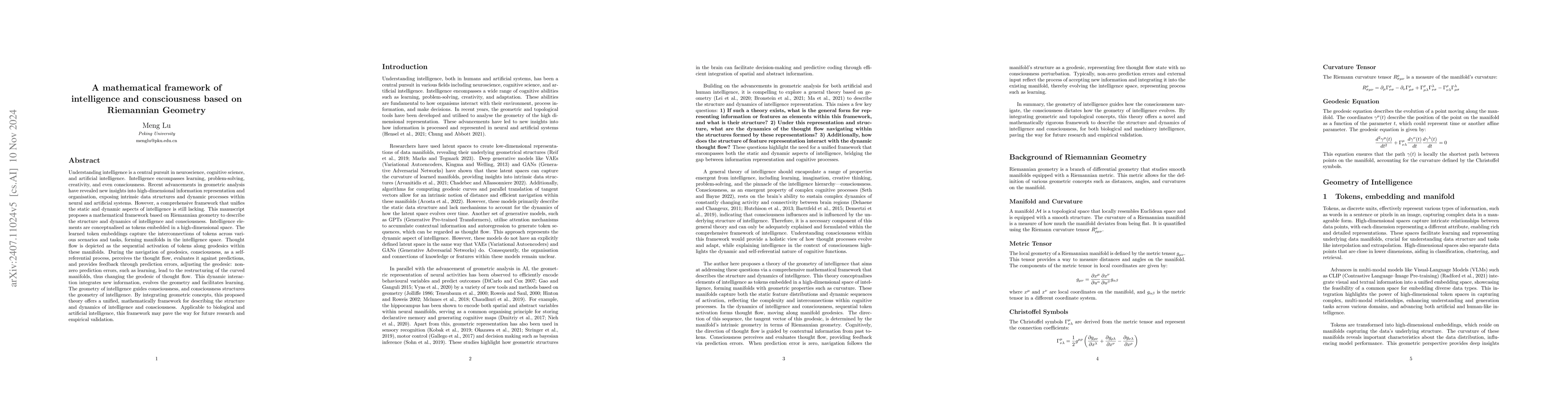 Thumbnail for A mathematical framework of intelligence and consciousness based on
  Riemannian Geometry