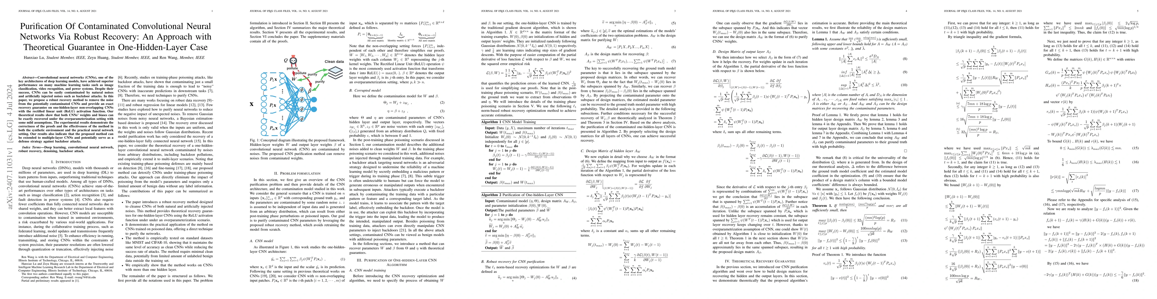 Thumbnail for Purification Of Contaminated Convolutional Neural Networks Via Robust
  Recovery: An Approach with Theoretical Guarantee in One-Hidden-Layer Case