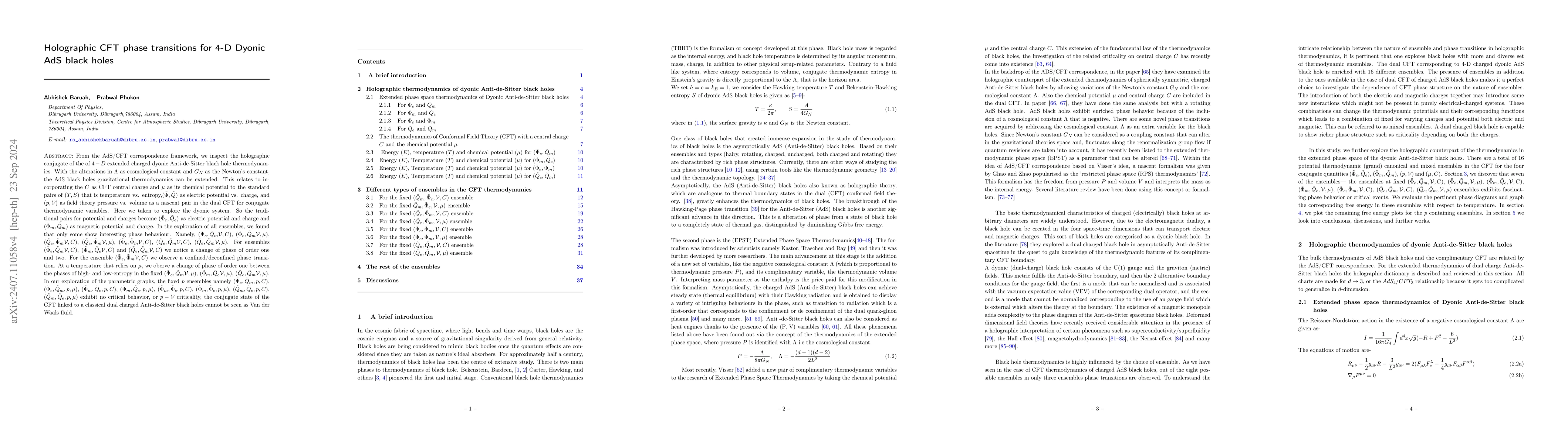 Thumbnail for Holographic CFT phase transitions for 4-D Dyonic AdS Black Holes