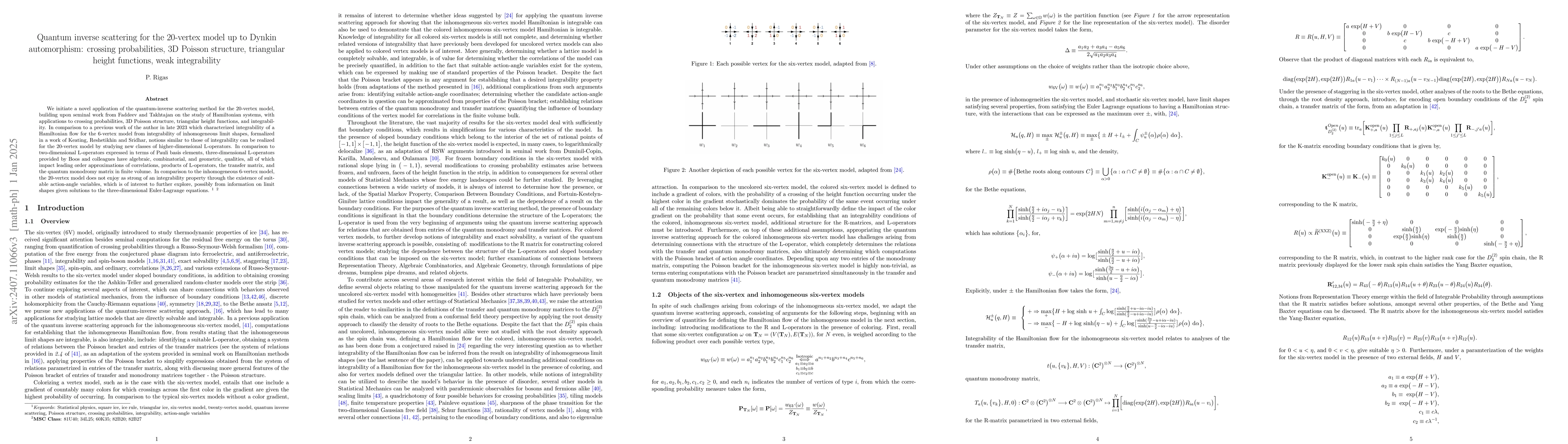 Thumbnail for Quantum inverse scattering for the 20-vertex model up to Dynkin
  automorphism: crossing probabilities, 3D Poisson structure, triangular height
  functions, weak integrability