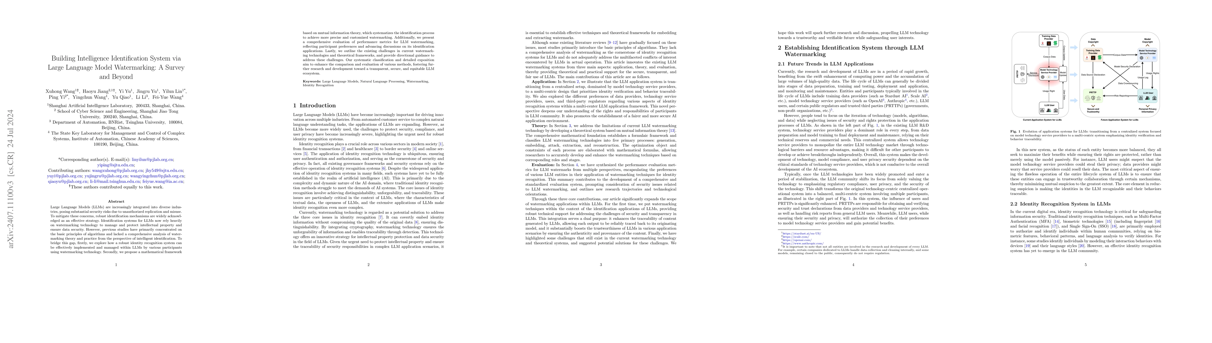 Thumbnail for Building Intelligence Identification System via Large Language Model
  Watermarking: A Survey and Beyond