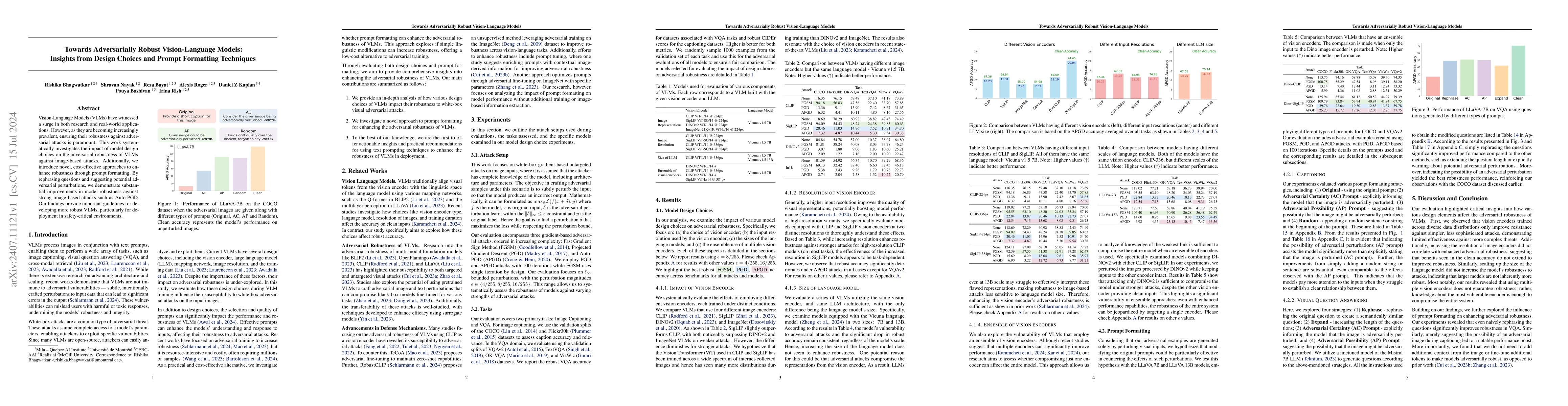 Thumbnail for Towards Adversarially Robust Vision-Language Models: Insights from
  Design Choices and Prompt Formatting Techniques