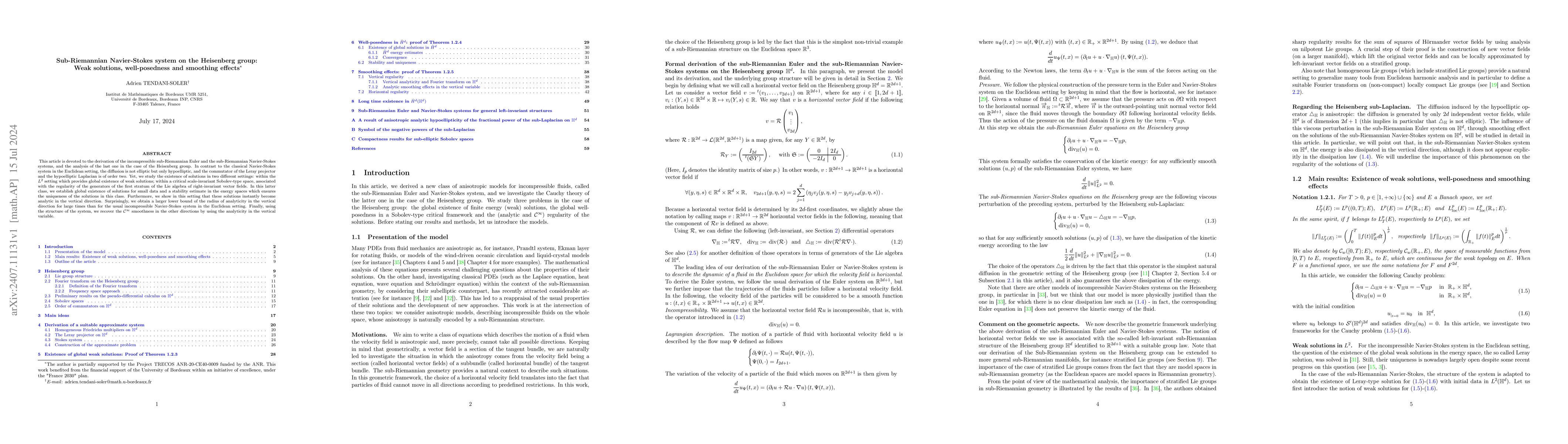 Thumbnail for Sub-Riemannian Navier-Stokes system on the Heisenberg group: Weak
  solutions, well-posedness and smoothing effects