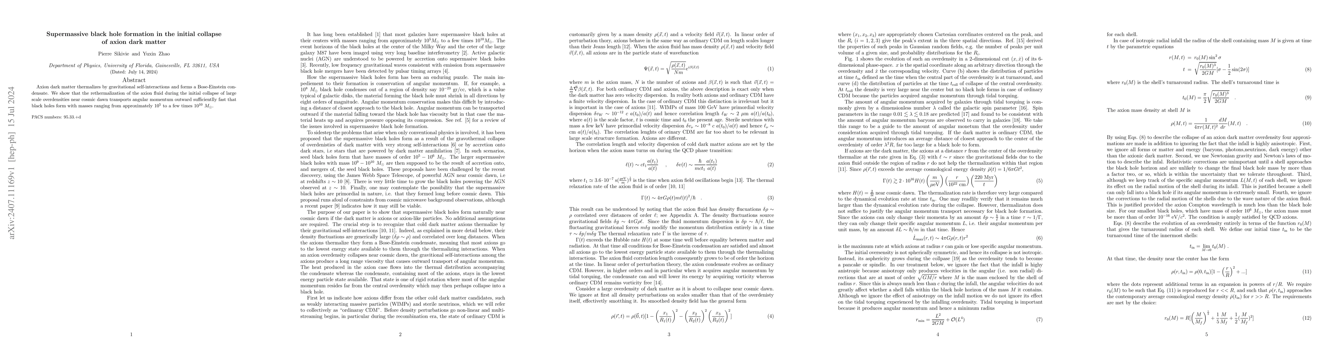 Thumbnail for Supermassive black hole formation in the initial collapse of axion dark
  matter