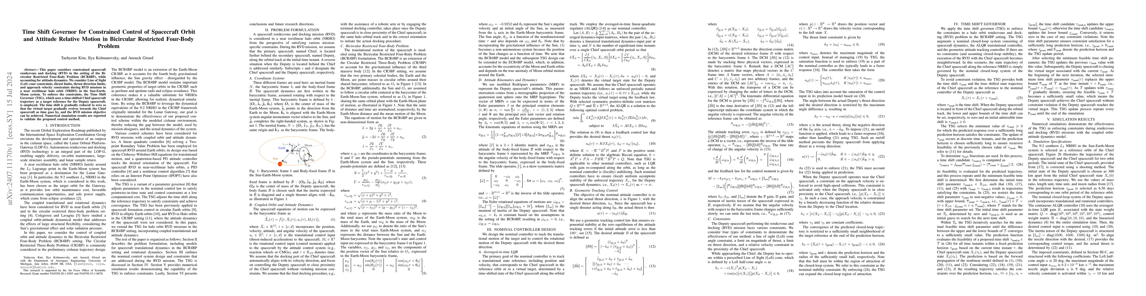 Thumbnail for Time Shift Governor for Constrained Control of Spacecraft Orbit and
  Attitude Relative Motion in Bicircular Restricted Four-Body Problem