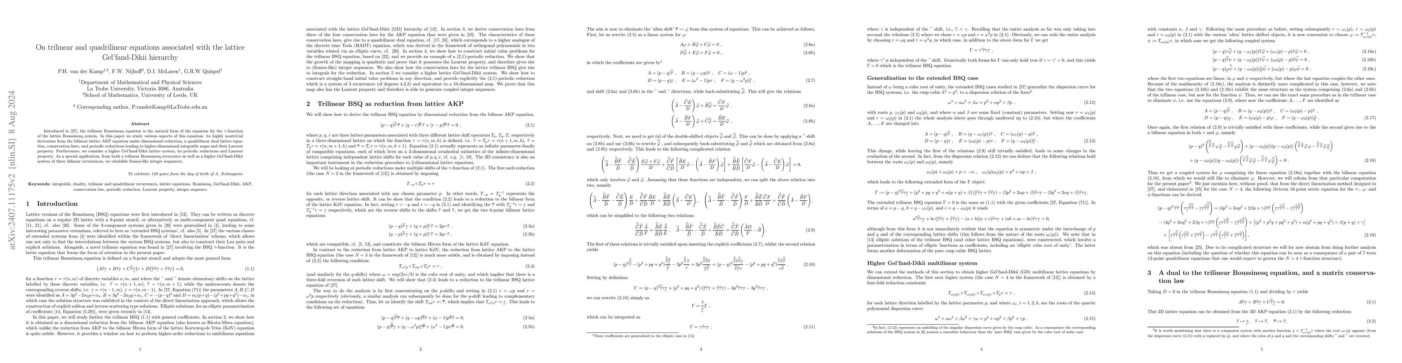 Thumbnail for On trilinear and quadrilinear equations associated with the lattice
  Gel'fand-Dikii hierarchy