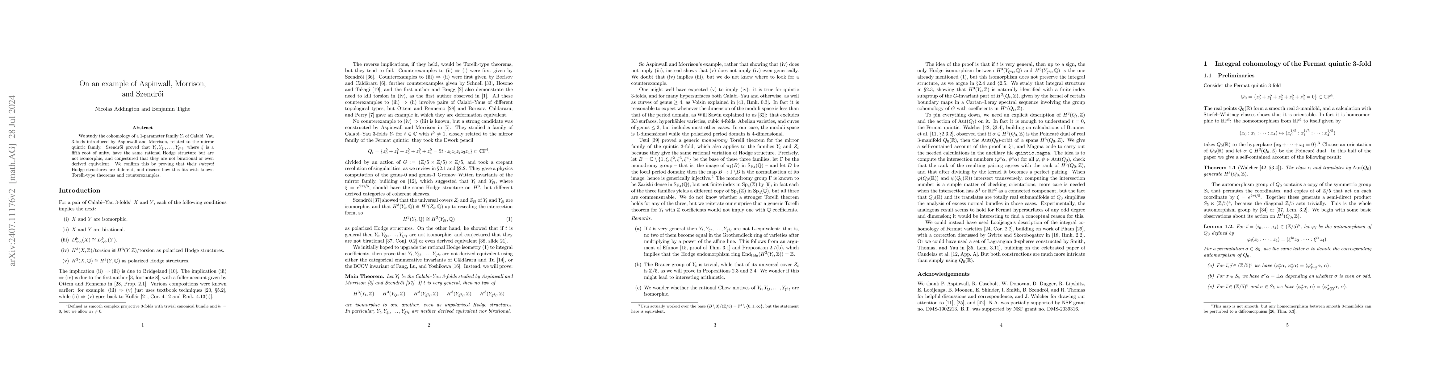 Thumbnail for On an example of Aspinwall, Morrison, and SzendrĹ‘i