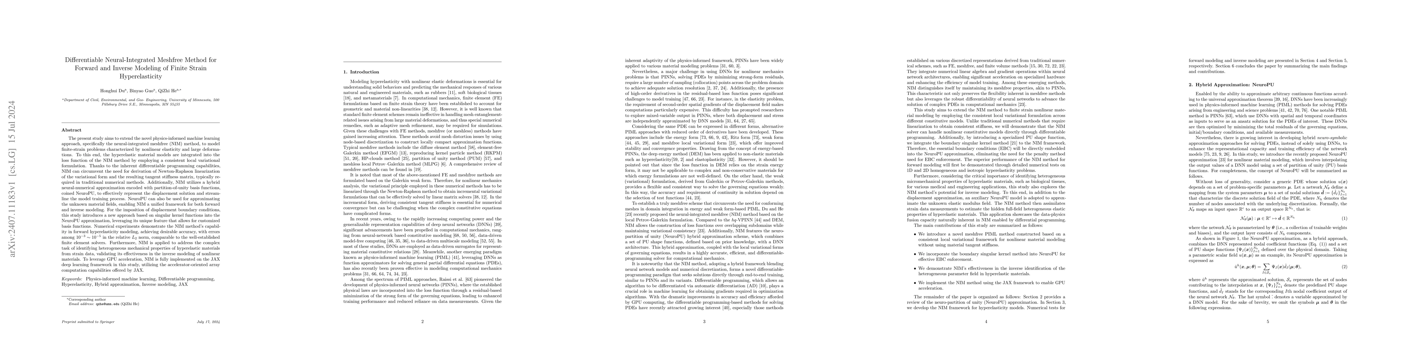 Thumbnail for Differentiable Neural-Integrated Meshfree Method for Forward and Inverse
  Modeling of Finite Strain Hyperelasticity