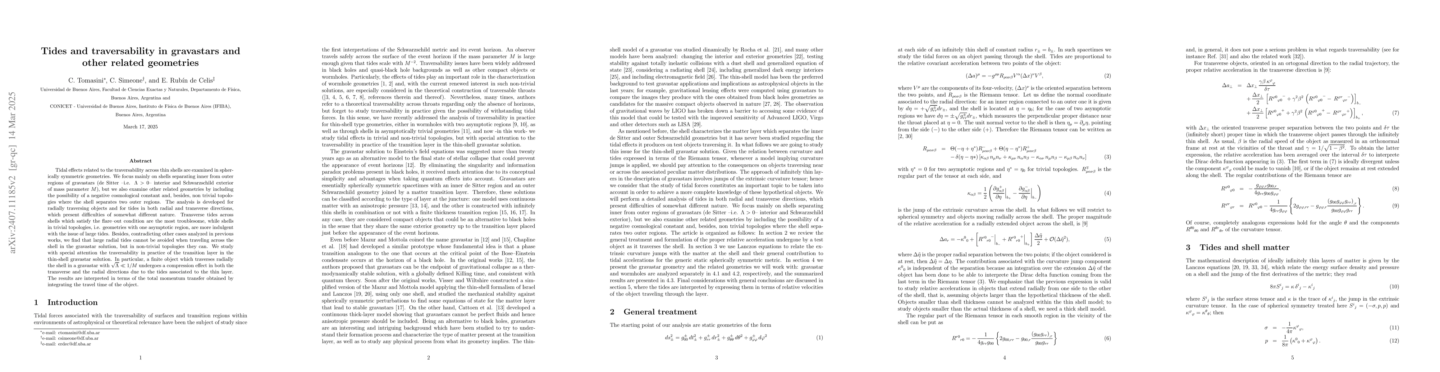 Thumbnail for Tides and traversability in gravastars and other related geometries
