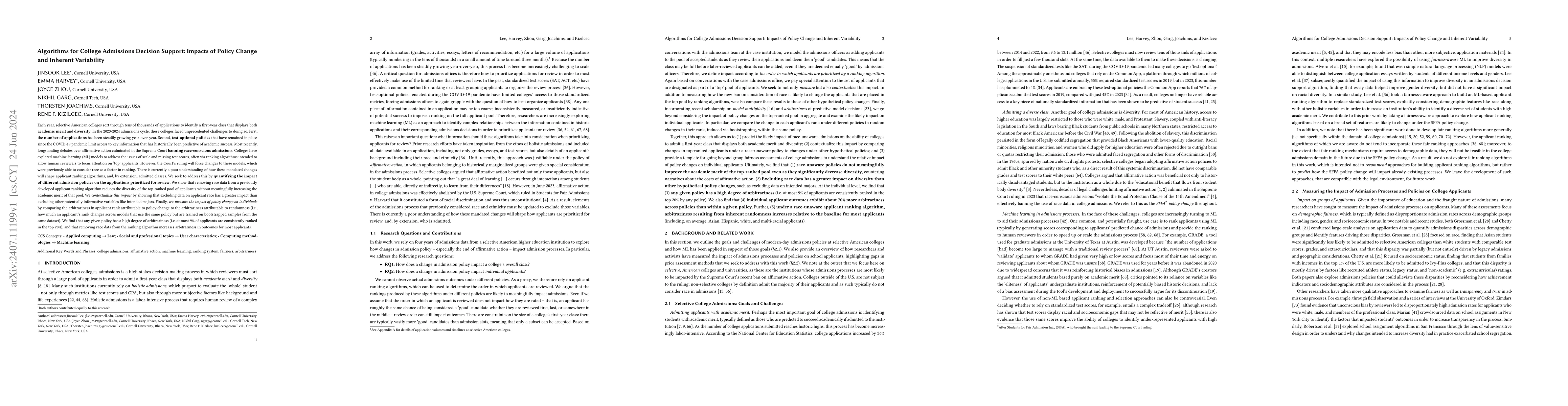 Thumbnail for Algorithms for College Admissions Decision Support: Impacts of Policy
  Change and Inherent Variability