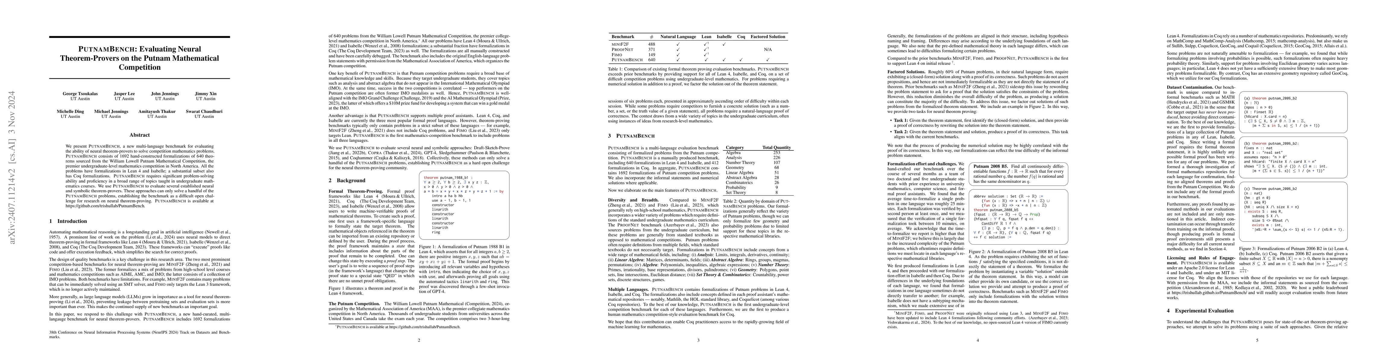Thumbnail for PutnamBench: Evaluating Neural Theorem-Provers on the Putnam
  Mathematical Competition