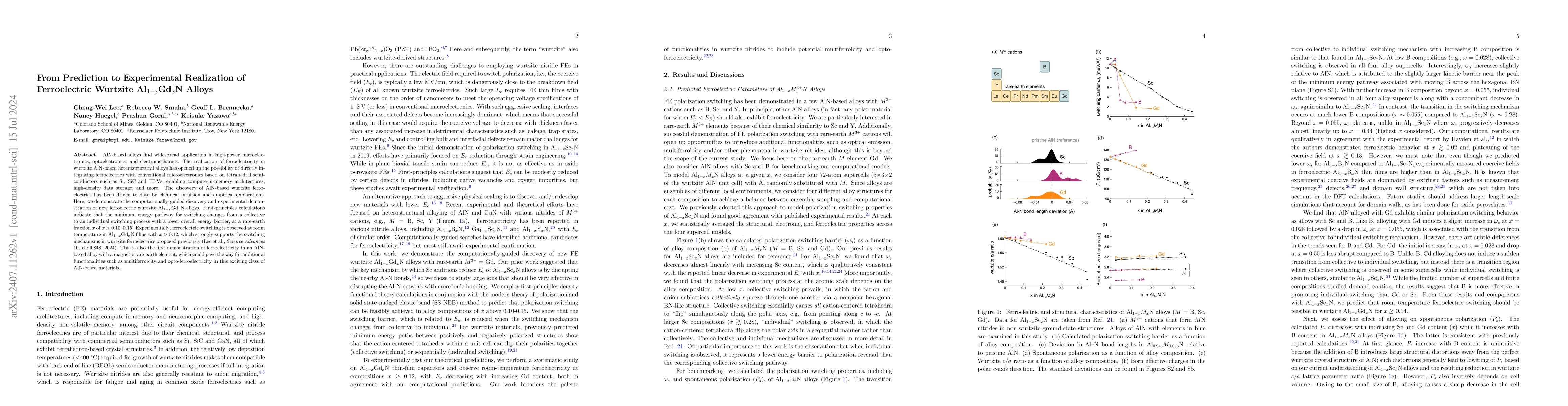 Thumbnail for From Prediction to Experimental Realization of Ferroelectric Wurtzite
  Al$_{1-x}$Gd$_{x}$N Alloys