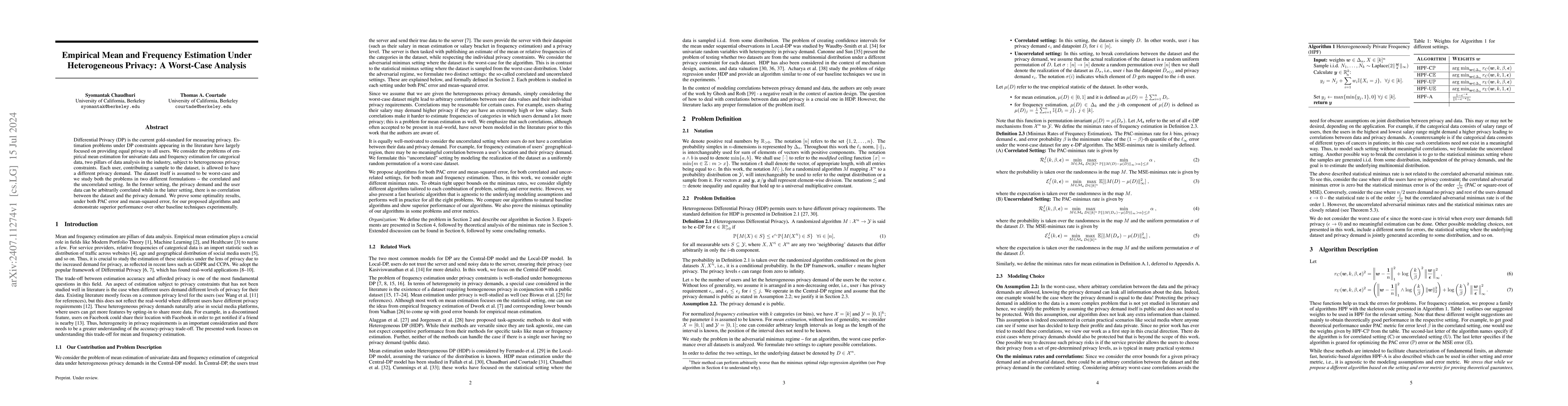Thumbnail for Empirical Mean and Frequency Estimation Under Heterogeneous Privacy: A
  Worst-Case Analysis