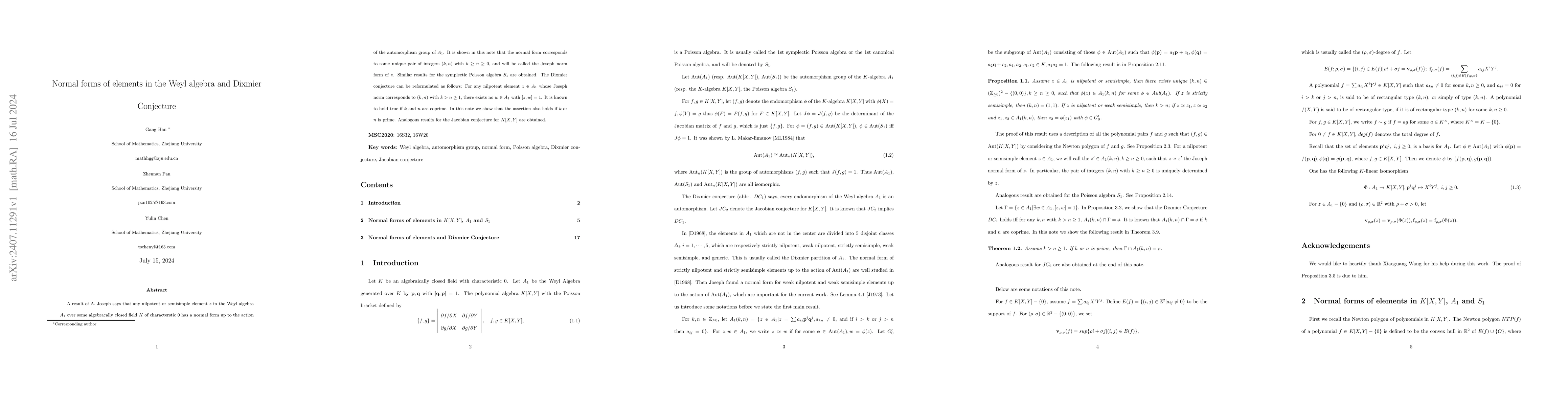Thumbnail for Normal forms of elements in the Weyl algebra and Dixmier Conjecture
