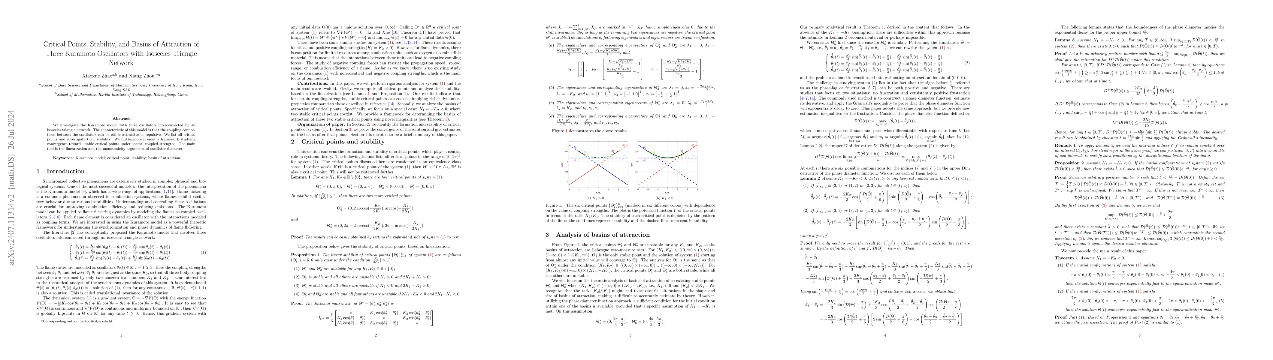 Thumbnail for Critical Points, Stability, and Basins of Attraction of Three Kuramoto
  Oscillators with Isosceles Triangle Network
