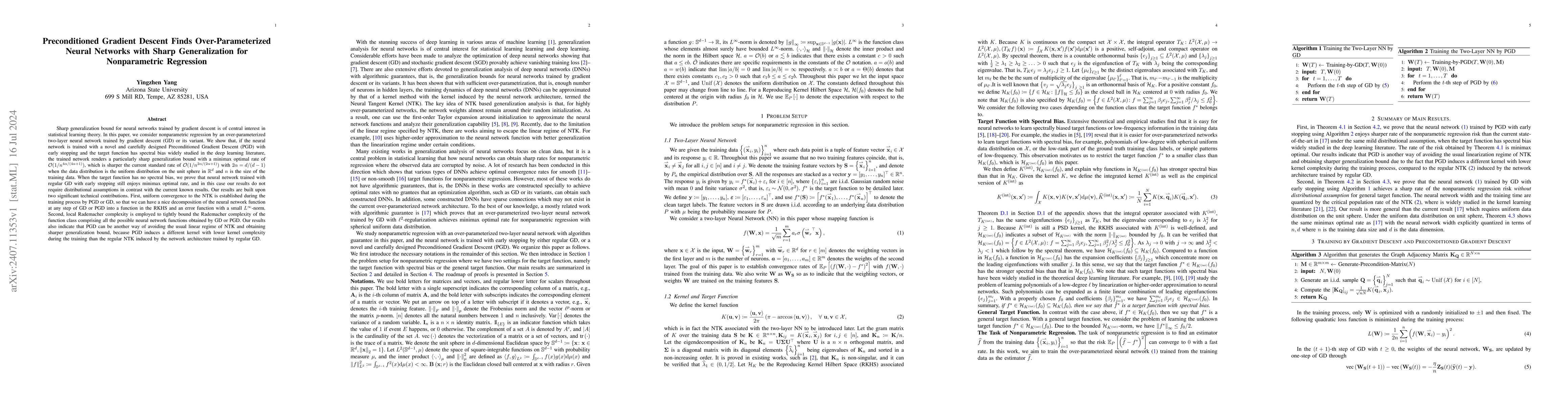 Thumbnail for Preconditioned Gradient Descent Finds Over-Parameterized Neural Networks
  with Sharp Generalization for Nonparametric Regression