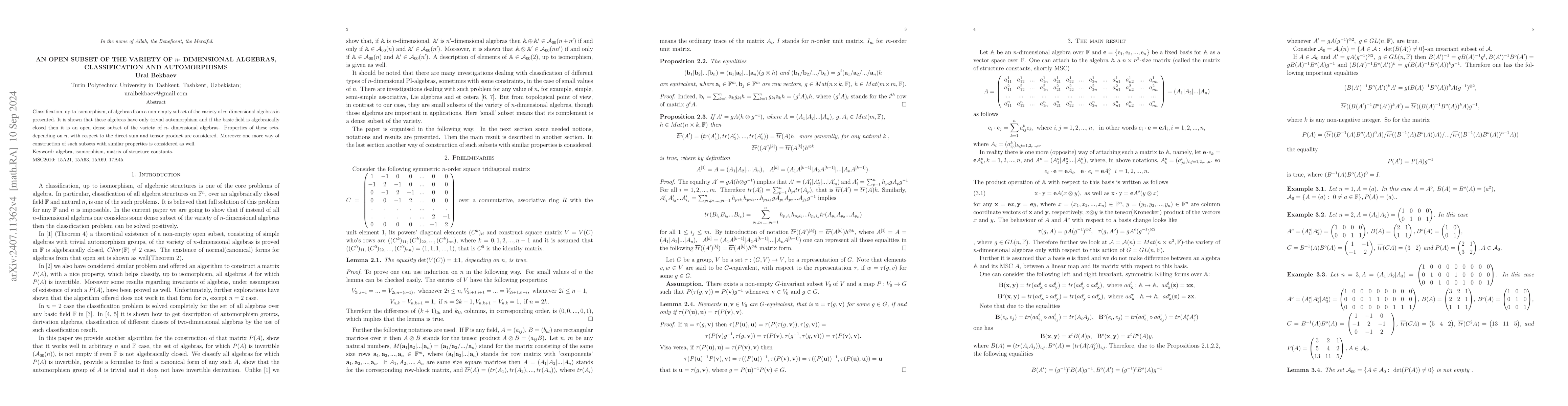 Thumbnail for An open subset of the variety of $n$- dimensional algebras,
  classification and automorphisms