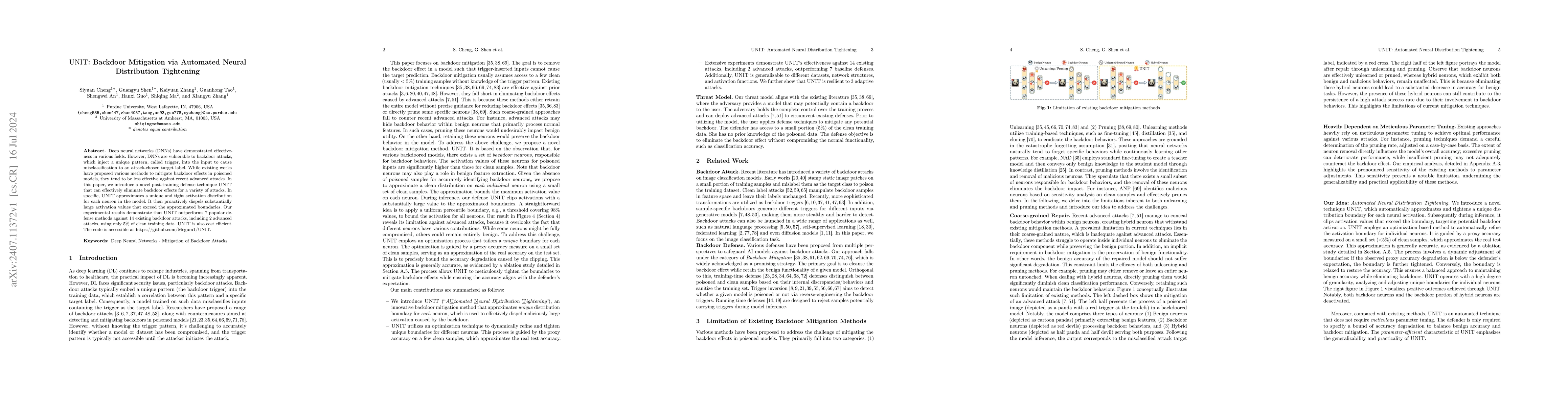 Thumbnail for UNIT: Backdoor Mitigation via Automated Neural Distribution Tightening