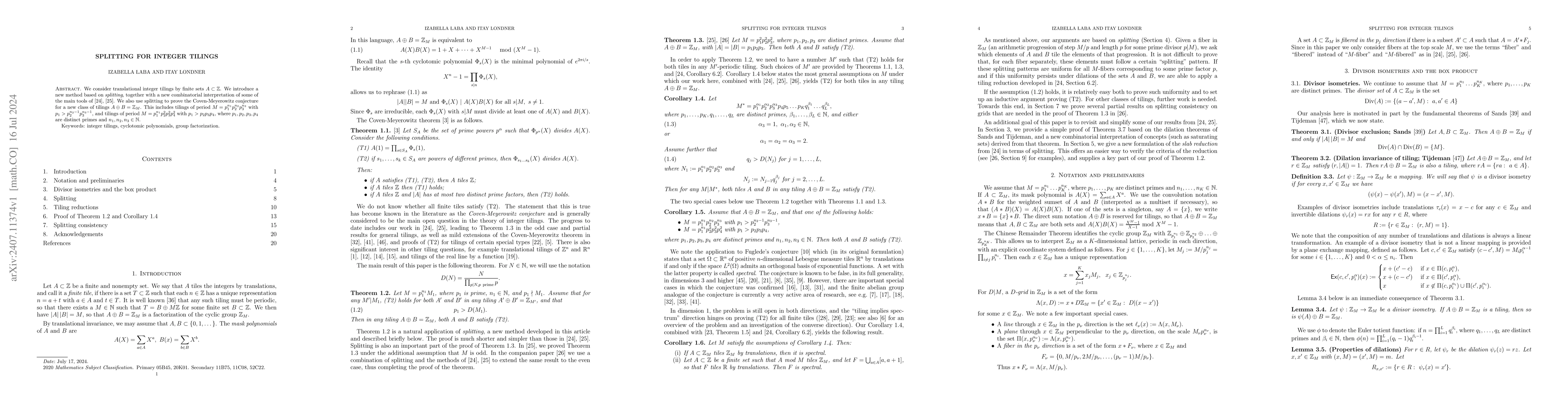 Thumbnail for Splitting for integer tilings