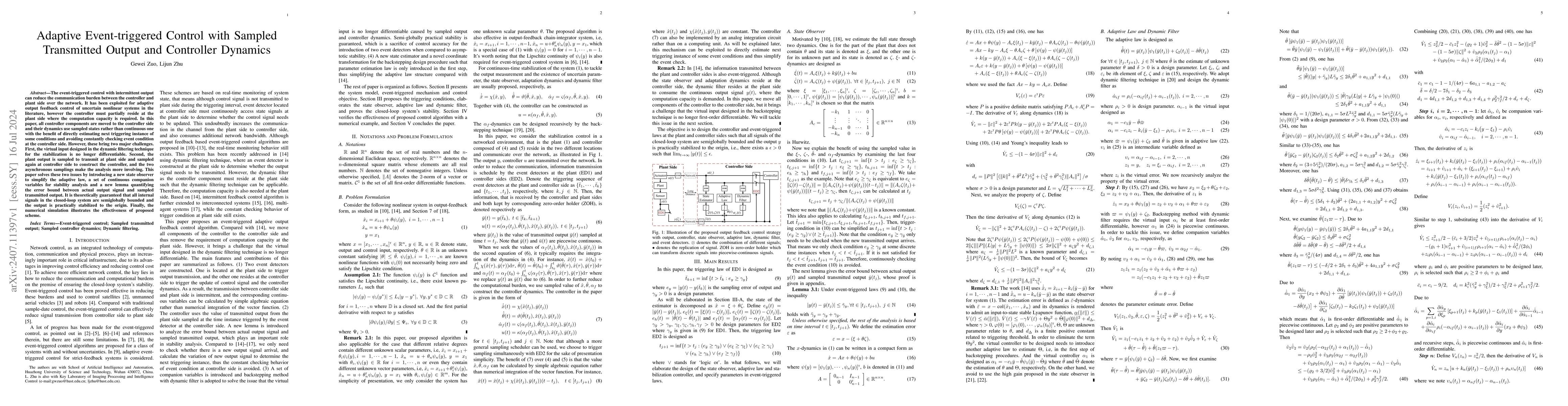 Thumbnail for Adaptive Event-triggered Control with Sampled Transmitted Output and
  Controller Dynamics