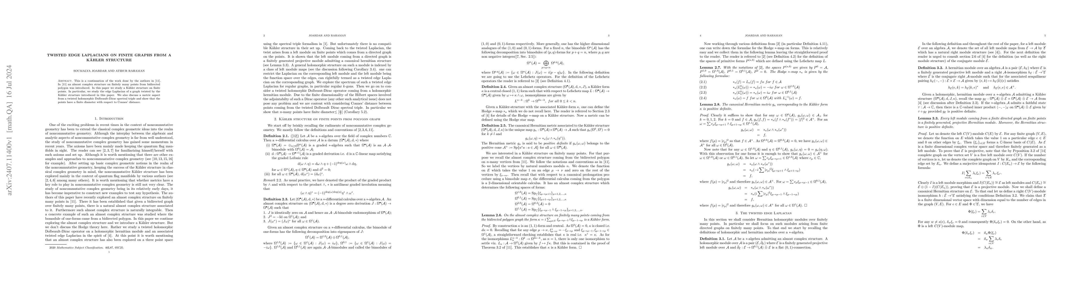 Thumbnail for Twisted edge Laplacians on finite graphs from a Kähler structure