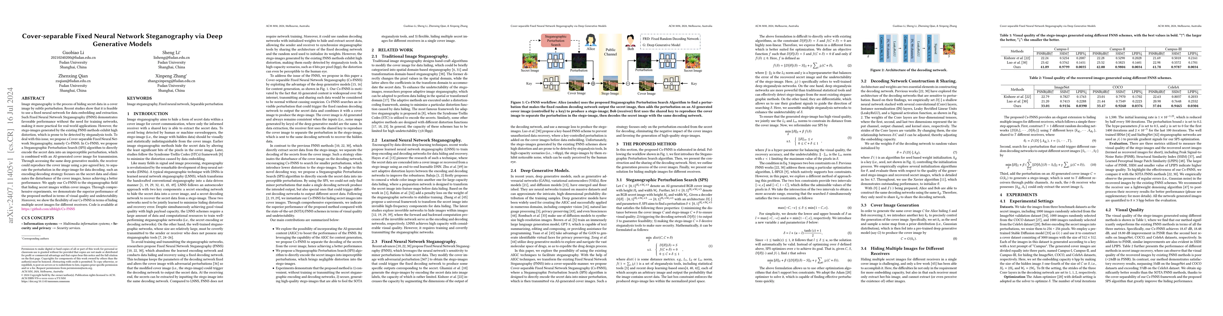 Thumbnail for Cover-separable Fixed Neural Network Steganography via Deep Generative
  Models
