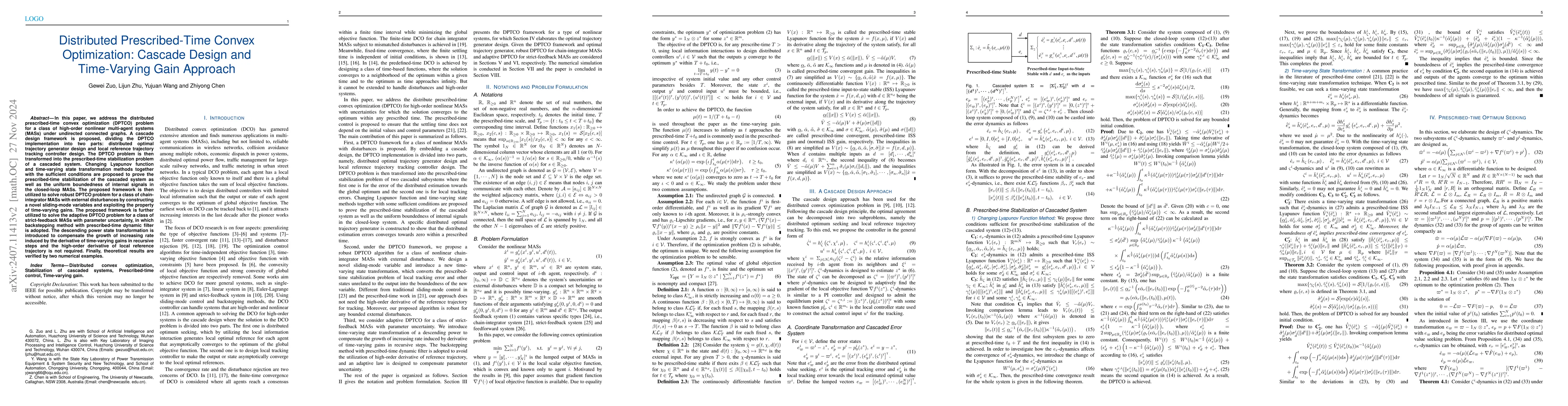 Thumbnail for Distributed Prescribed-Time Convex Optimization: Cascade Design and
  Time-Varying Gain Approach