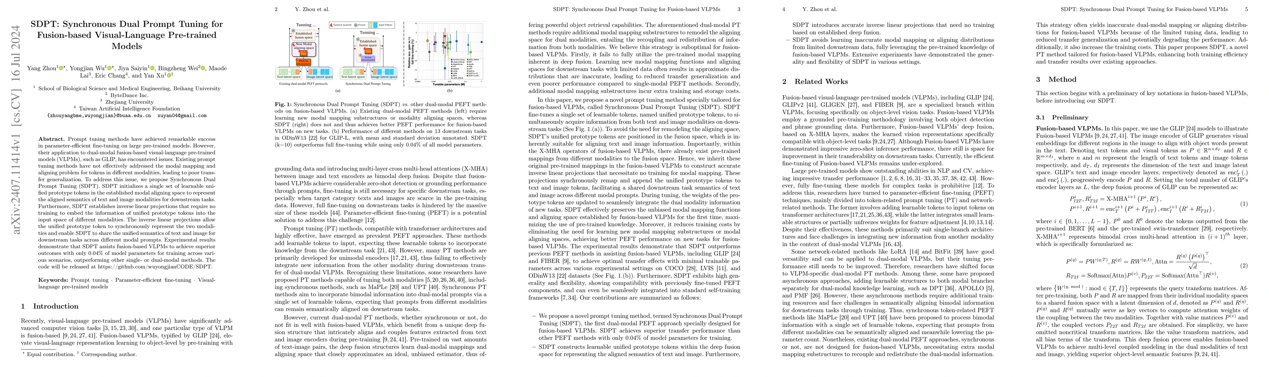 Thumbnail for SDPT: Synchronous Dual Prompt Tuning for Fusion-based Visual-Language
  Pre-trained Models