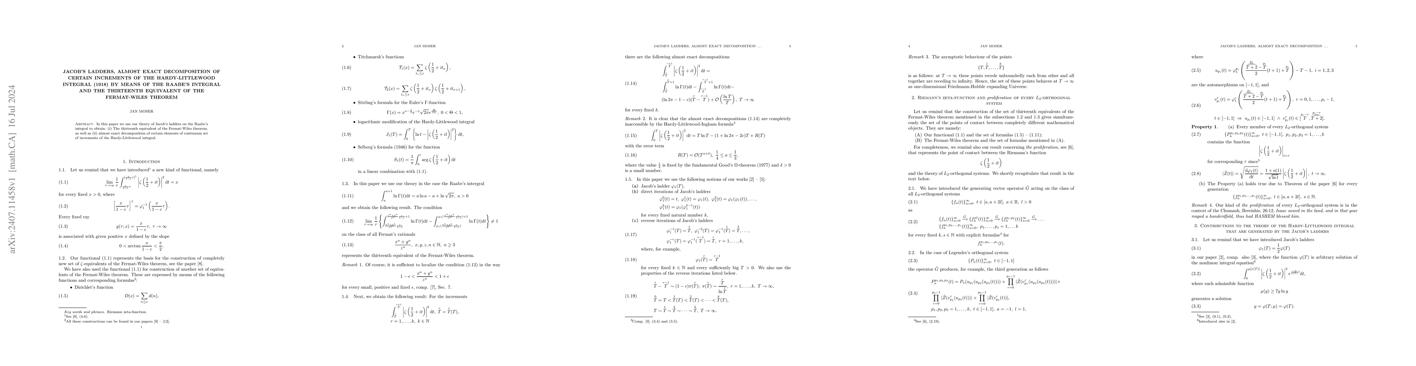 Thumbnail for Jacob's ladders, almost exact decomposition of certain increments of the
  Hardy-Littlewood integral (1918) by means of the Raabe's integral and the
  thirteenth equivalent of the Fermat-Wiles theorem