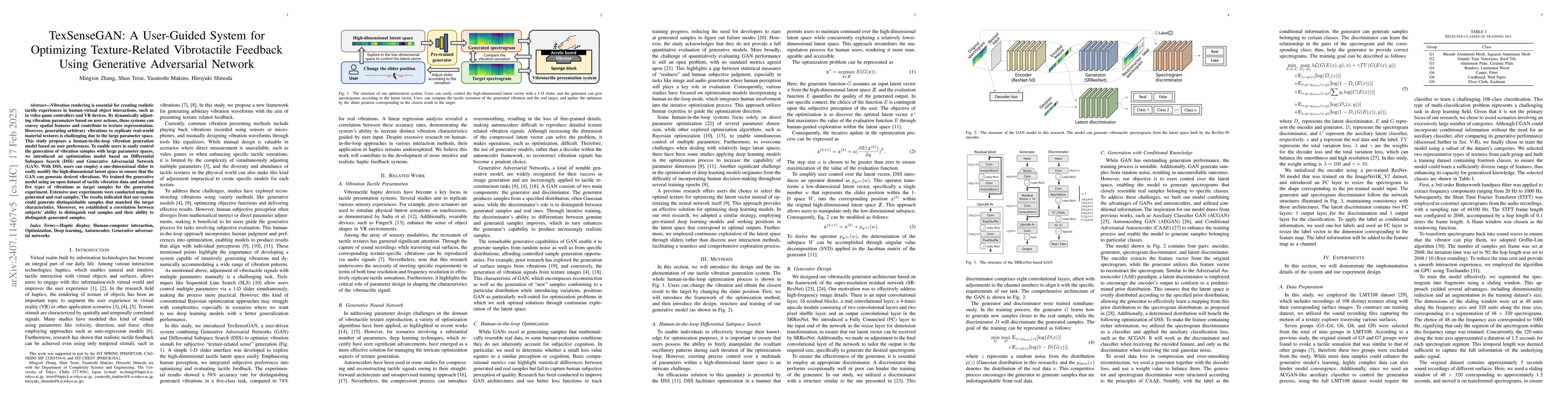 Thumbnail for TexSenseGAN: A User-Guided System for Optimizing Texture-Related
  Vibrotactile Feedback Using Generative Adversarial Network