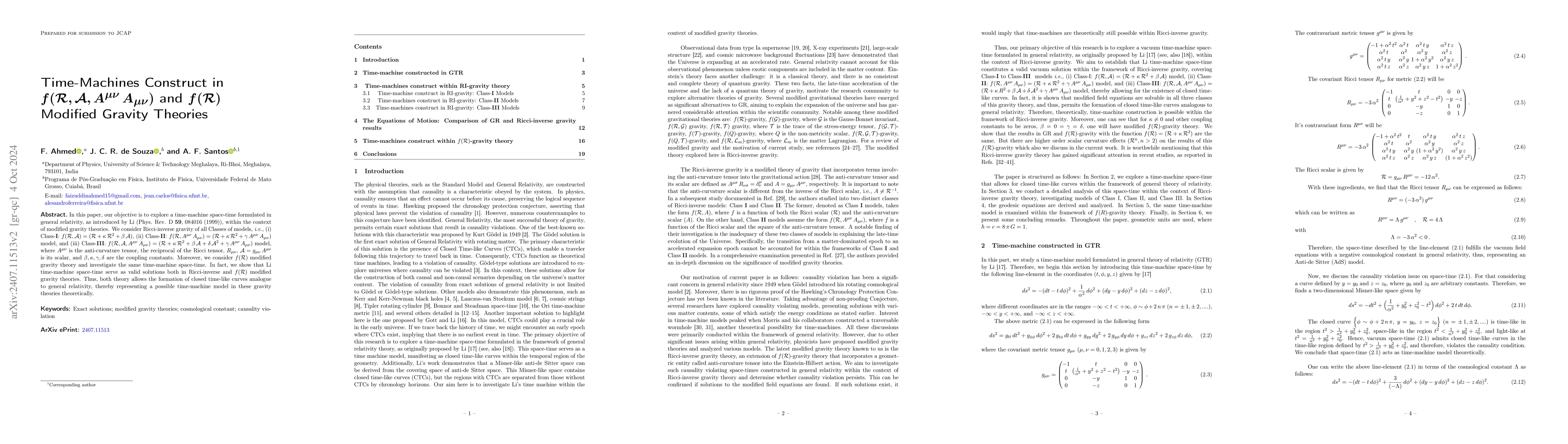 Thumbnail for Time-Machines Construct in
  $f(\mathcal{R},\mathcal{A},A^{μν}\,A_{μν})$ and $f(\mathcal{R})$
  Modified Gravity Theories