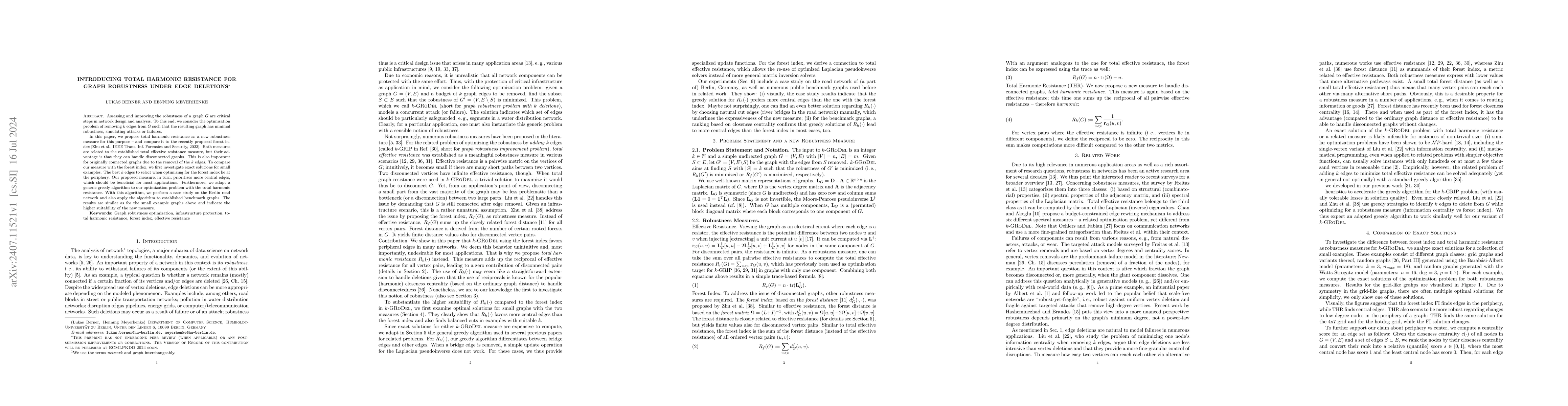 Thumbnail for Introducing Total Harmonic Resistance for Graph Robustness under Edge
  Deletions