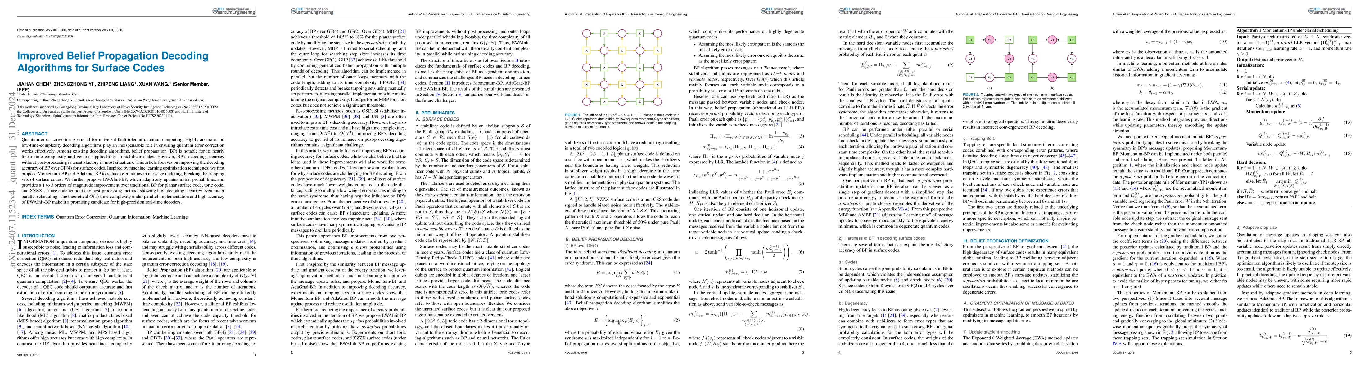 Thumbnail for Improved Belief Propagation Decoding Algorithms for Surface Codes
