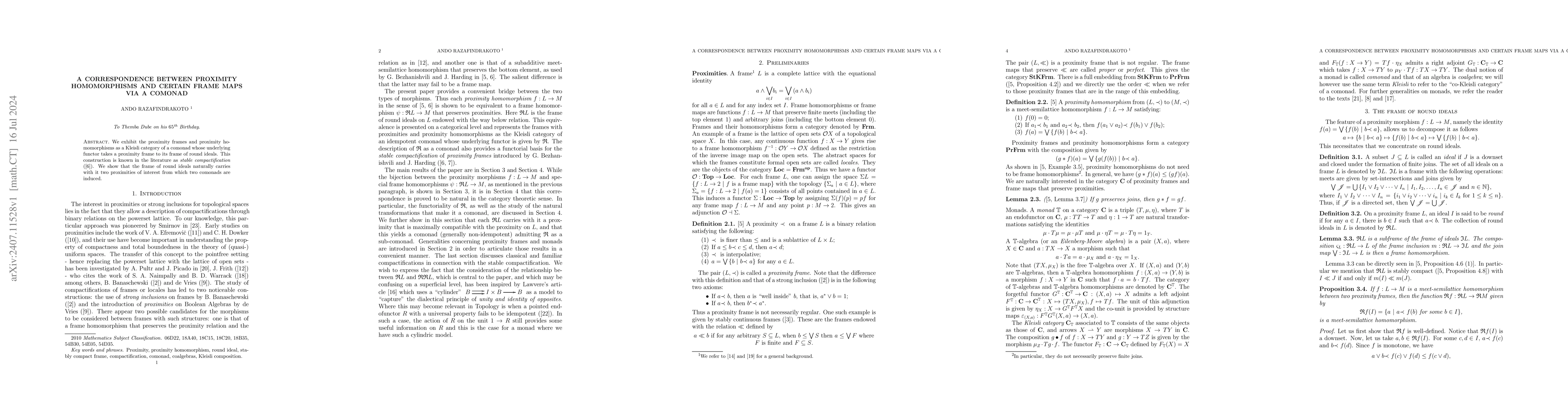 Thumbnail for A correspondence between proximity homomorphisms and certain frame maps
  via a comonad