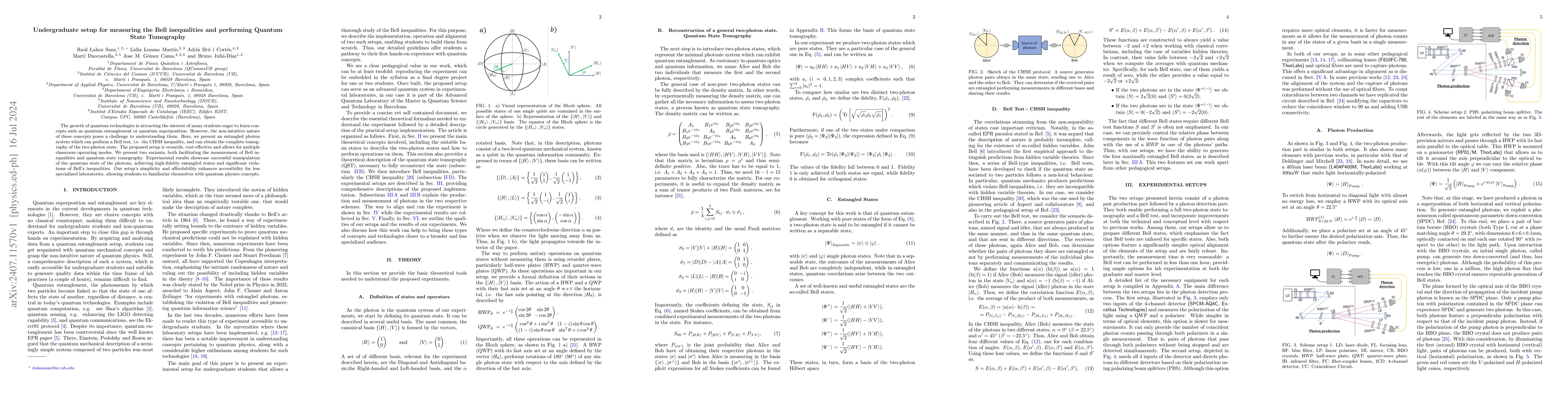 Thumbnail for Undergraduate setup for measuring the Bell inequalities and performing
  Quantum State Tomography