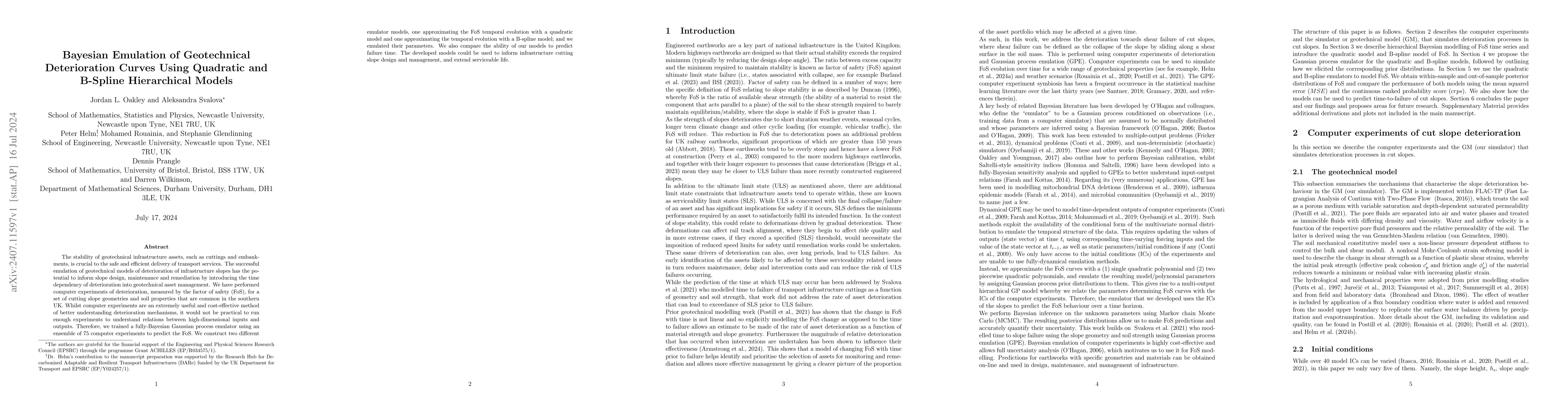 Thumbnail for Bayesian Emulation of Geotechnical Deterioration Curves Using Quadratic
  and B-Spline Hierarchical Models