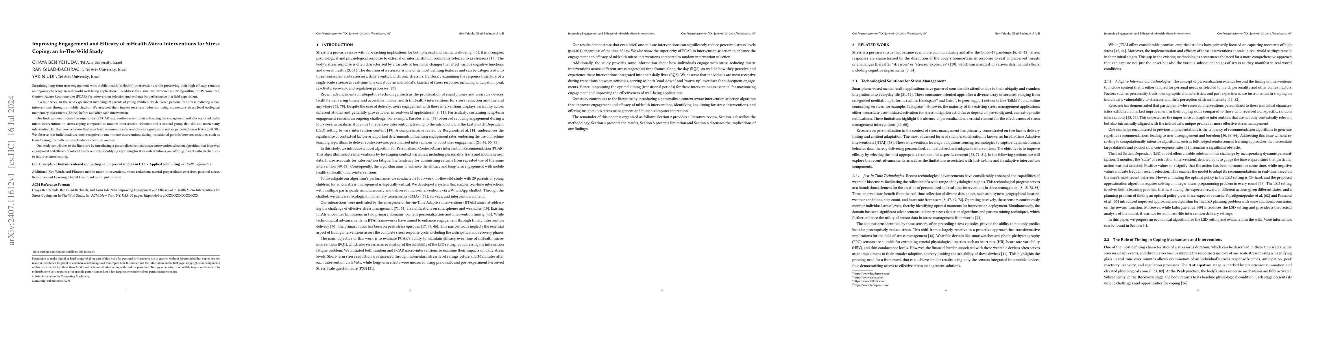 Thumbnail for Improving Engagement and Efficacy of mHealth Micro-Interventions for
  Stress Coping: an In-The-Wild Study