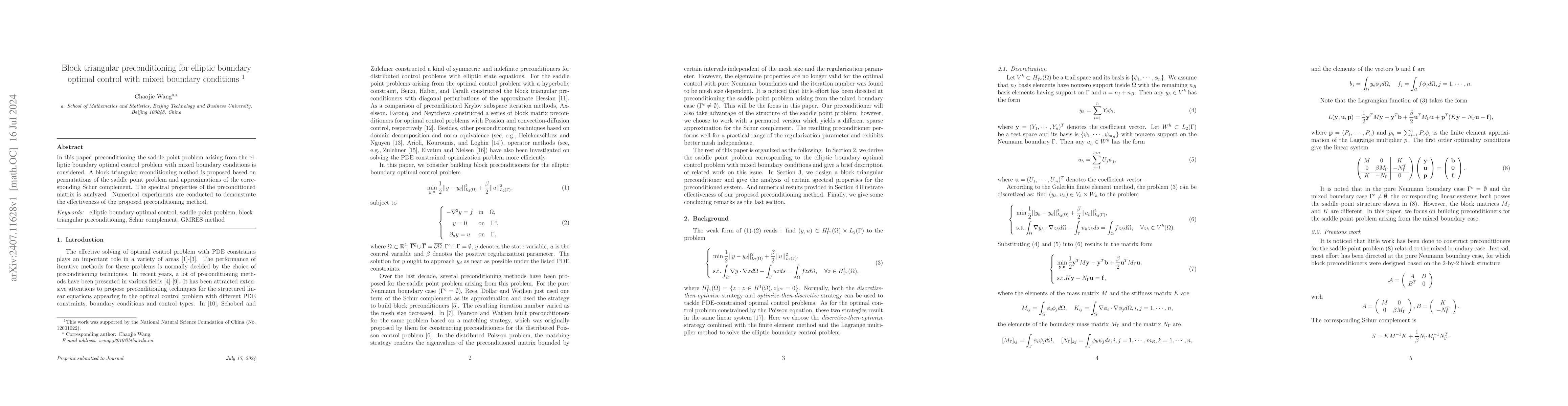 Thumbnail for Block triangular preconditioning for elliptic boundary optimal control
  with mixed boundary conditions