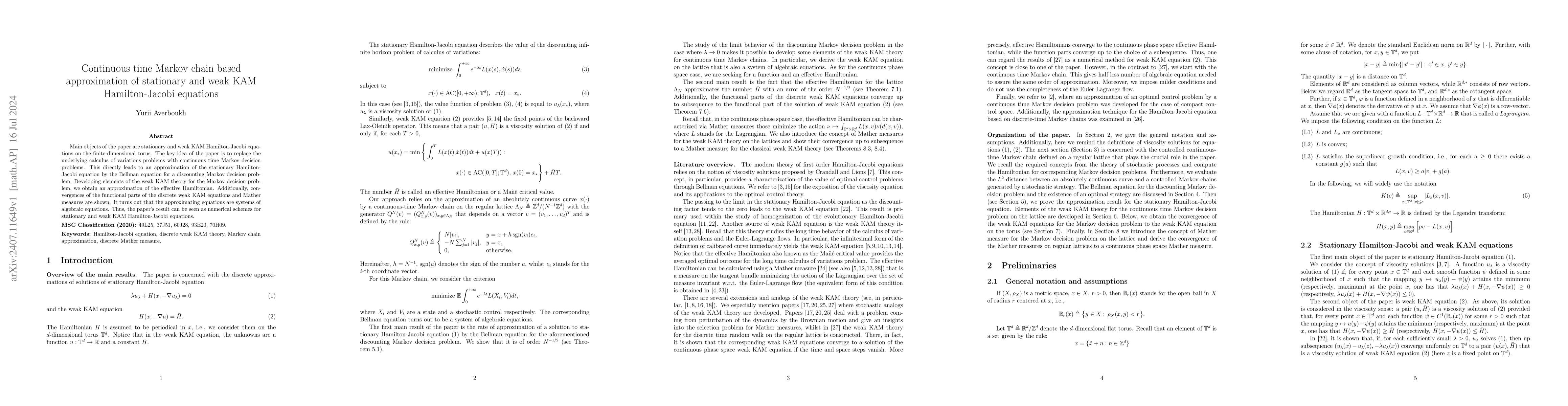 Thumbnail for Continuous time Markov chain based approximation of stationary and weak
  KAM Hamilton-Jacobi equations