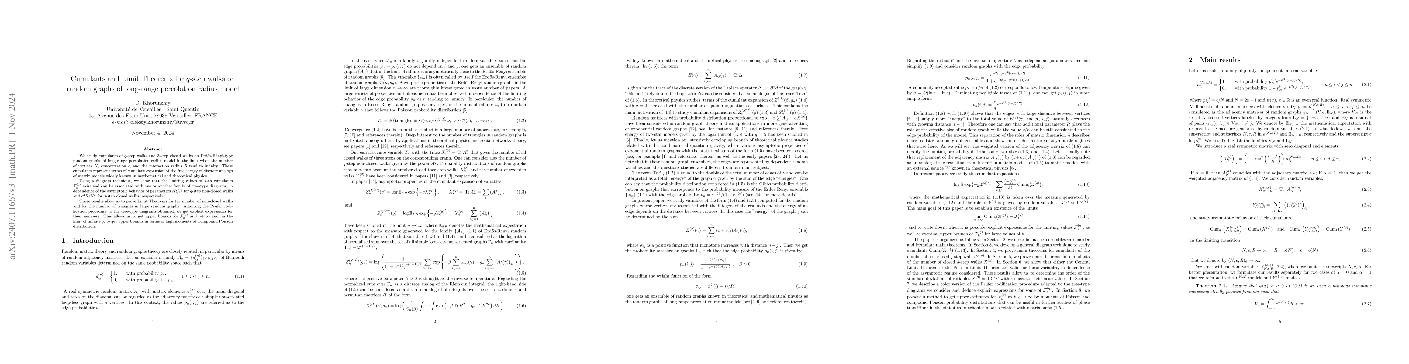 Thumbnail for Cumulants and Limit Theorems for $q$-step walks on random graphs of
  long-range percolation radius model